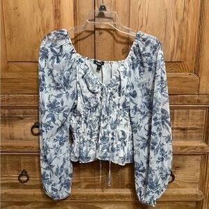 Express Blue Smocked Tie Front Blouse